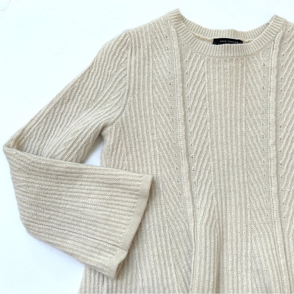 Ann Taylor Ribbed Wool Peplum Sweater Bell Sleeves Winter White, Size XS - Picture 10 of 10